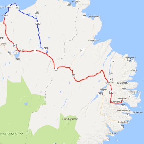 Route van Husavik naar Eskifjorður